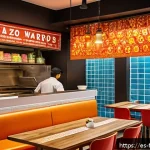 Home 21 퓨전 패스트푸드의 글로벌화 전략 - A vibrant fusion fast-food restaurant interior in Spain, decorated with Mediterranean and Asian cult...