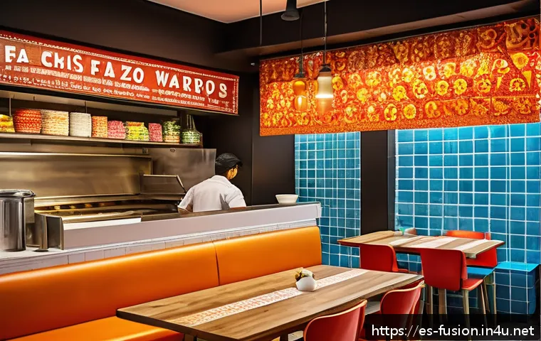 퓨전 패스트푸드의 글로벌화 전략 - A vibrant fusion fast-food restaurant interior in Spain, decorated with Mediterranean and Asian cult...
