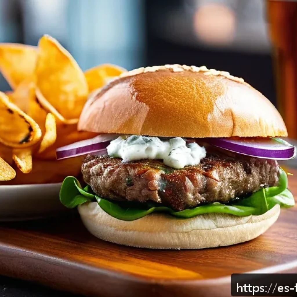 퓨전 버거의 로컬 맛 개발 사례 - A gourmet lamb burger inspired by Mediterranean flavors, featuring a juicy spiced lamb patty topped ...