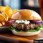 Home 20 퓨전 버거의 로컬 맛 개발 사례 - A gourmet lamb burger inspired by Mediterranean flavors, featuring a juicy spiced lamb patty topped ...