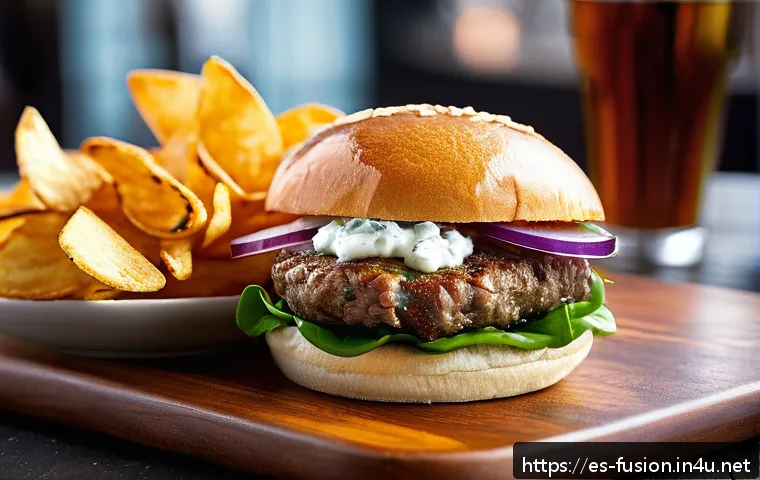 퓨전 버거의 로컬 맛 개발 사례 - A gourmet lamb burger inspired by Mediterranean flavors, featuring a juicy spiced lamb patty topped ...