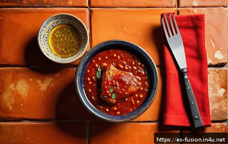 퓨전 치킨의 양념 제조 과정 - A vibrant close-up of a freshly prepared homemade barbecue chicken sauce in a rustic Spanish kitchen...