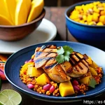 Home 18 퓨전 치킨 글로벌 레시피 트렌드 - A vibrant fusion dish featuring grilled chicken marinated in a colorful blend of South American ají ...