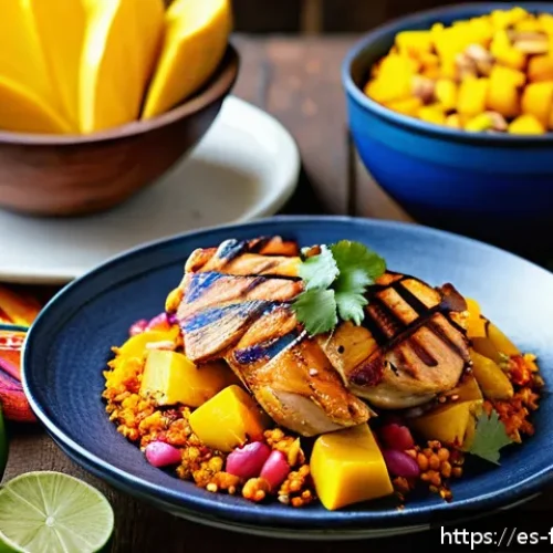 Home 30 퓨전 치킨 글로벌 레시피 트렌드 - A vibrant fusion dish featuring grilled chicken marinated in a colorful blend of South American ají ...
