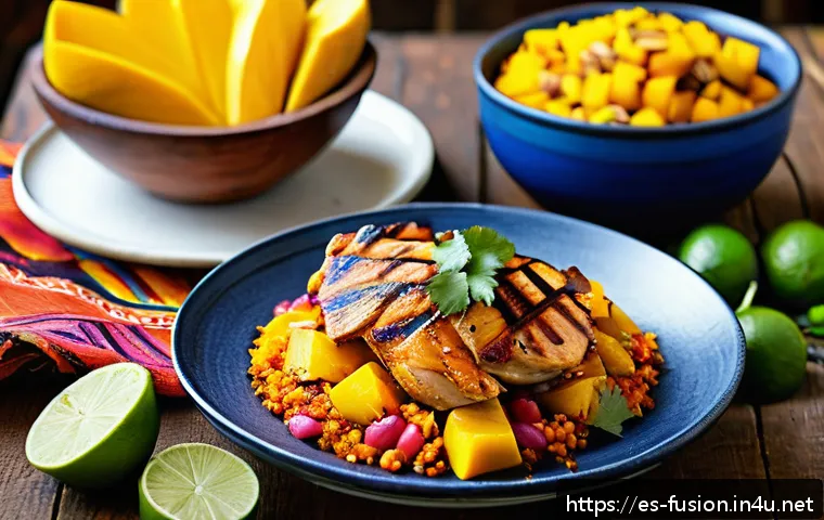 퓨전 치킨 글로벌 레시피 트렌드 - A vibrant fusion dish featuring grilled chicken marinated in a colorful blend of South American aj&iacute; ...