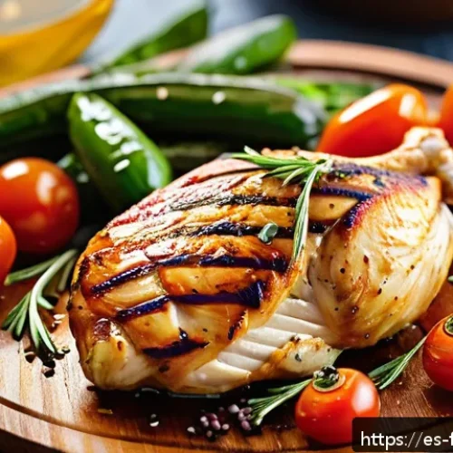 Home 17 퓨전 치킨 영양소 상세 분석 - A vibrant fusion chicken dish inspired by Mediterranean flavors, featuring grilled chicken breast gl...