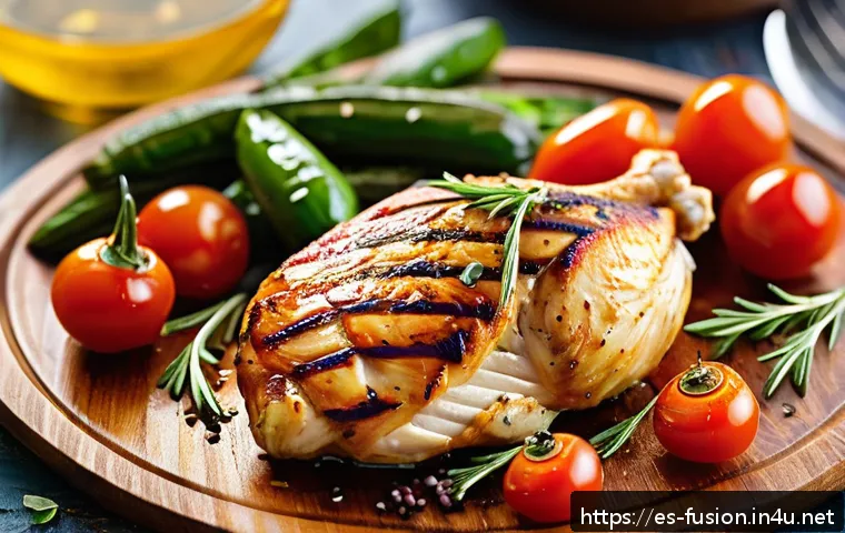 퓨전 치킨 영양소 상세 분석 - A vibrant fusion chicken dish inspired by Mediterranean flavors, featuring grilled chicken breast gl...