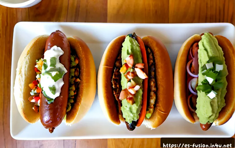 퓨전 핫도그 조리법 - Photorealistic overhead kitchen scene of Spanish-style fusion hot dogs being prepared on a clean woo...