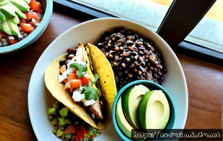 Home 13 퓨전 패스트푸드 건강 옵션 - Photorealistic overhead view of a healthy fusion fast-food lunch on a clean wooden table, grilled ch...