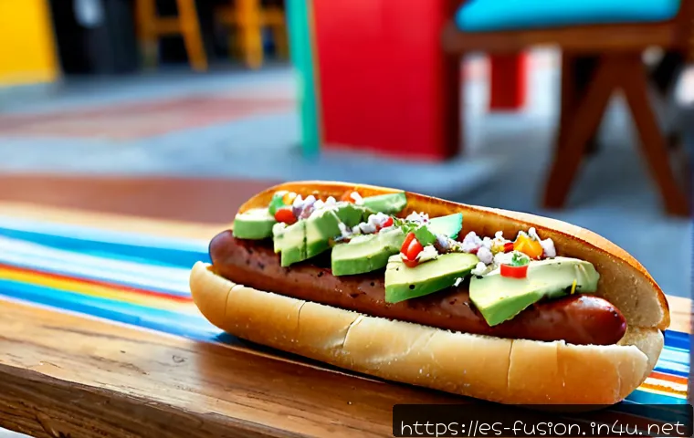 퓨전 핫도그의 지역화 메뉴 - Photorealistic gourmet fusion hot dog inspired by Mexican street food, grilled sausage in a toasted ...