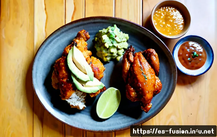 퓨전 치킨 제품별 비교 - Photorealistic overhead comparison of three distinct fusion fried chicken dishes on rustic ceramic p...