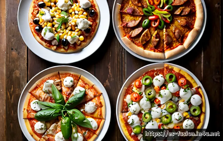 Home 15 퓨전 피자 글로벌 인기 순위 - Photorealistic overhead food photography of a global fusion pizza popularity comparison, four distin...