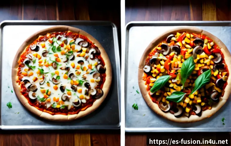 퓨전 피자 간편 조리법 - Photorealistic overhead kitchen scene of an easy fusion pizza being assembled on a baking tray, thin...
