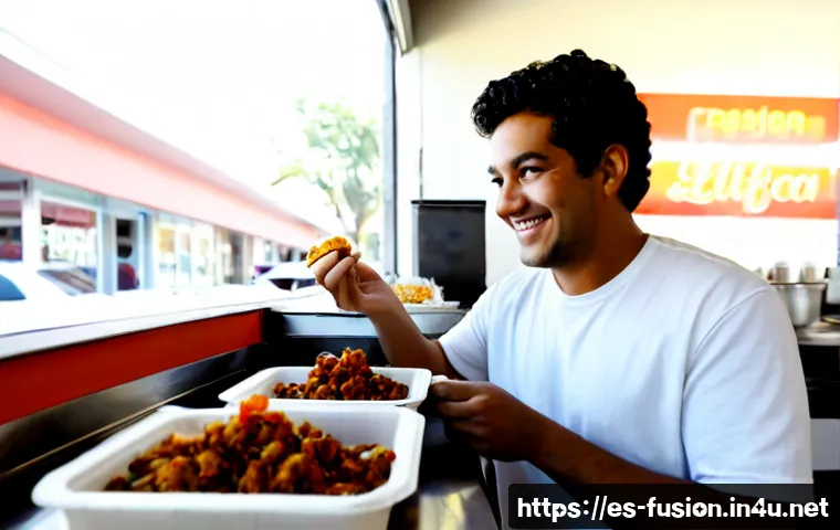 Home 17 퓨전 패스트푸드의 창업 사례 - Photorealistic small fusion fast-food startup in a vibrant Mexican neighborhood, a smiling Latino en...
