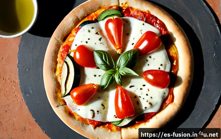 Home 17 퓨전 피자의 저염 토핑 - Photorealistic overhead view of a low-sodium Spanish-Mediterranean fusion pizza on a rustic terracot...